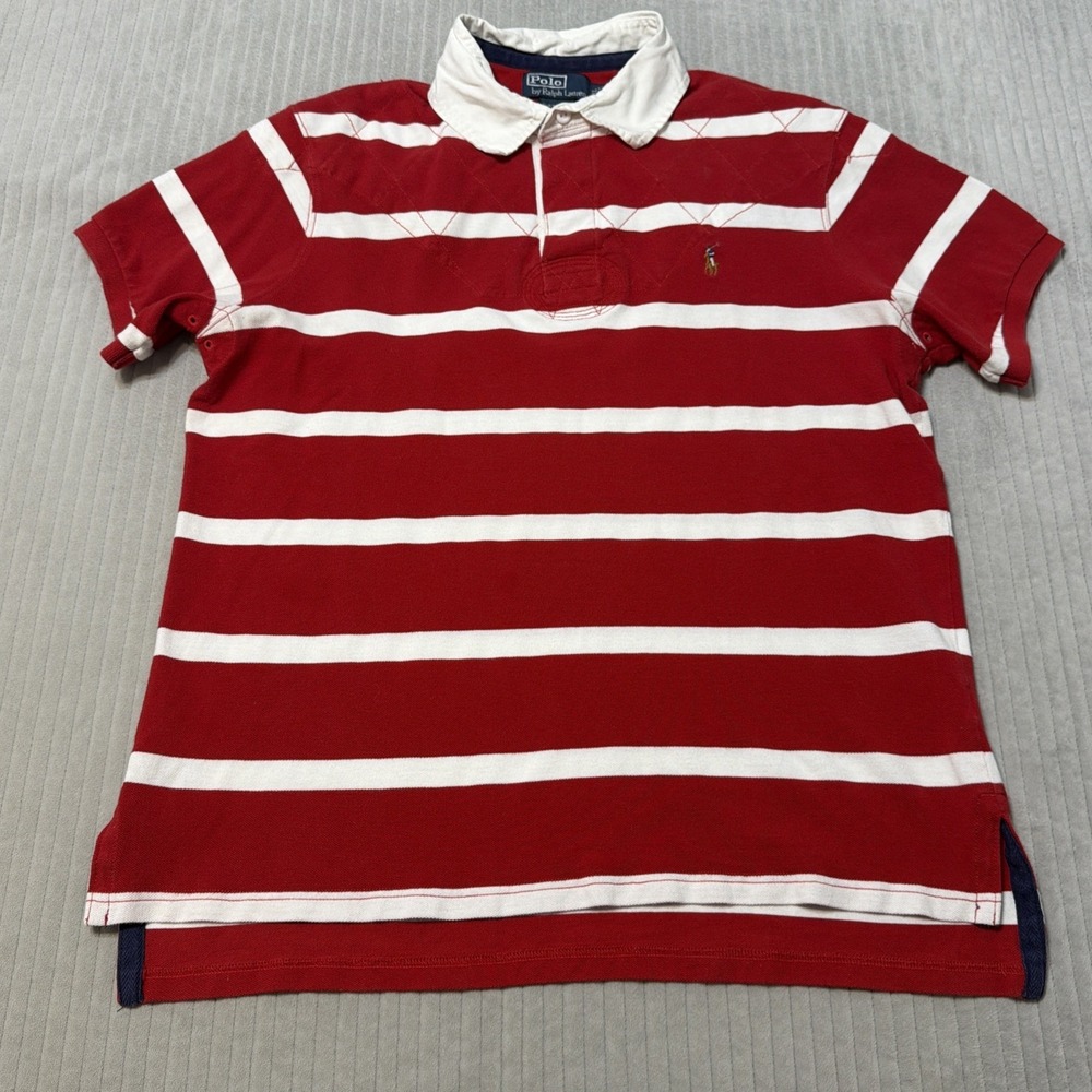 Polo Ralph Lauren Mens XLarge White Red Striped Short Sleeve Rugby Shirt